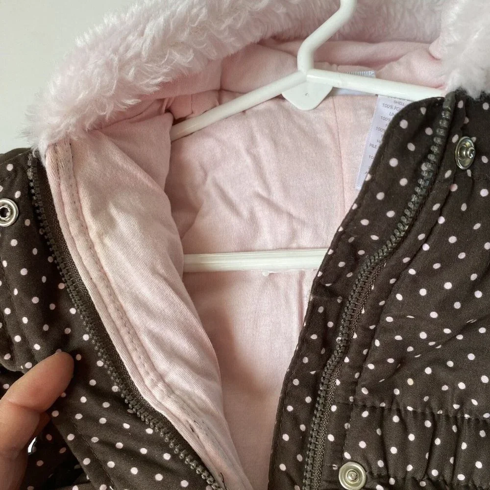 First Impressions‎ one piece polka dot snowsuit hooded fauxfur pink/brown 6-9m